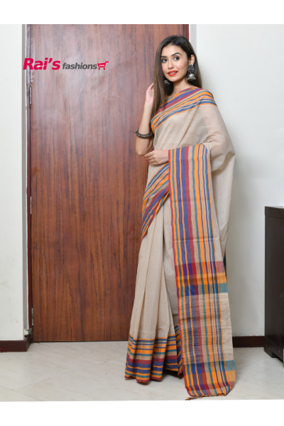 Premium Quality Cotton Saree With Multicolor Stripes Border Design (KR145)